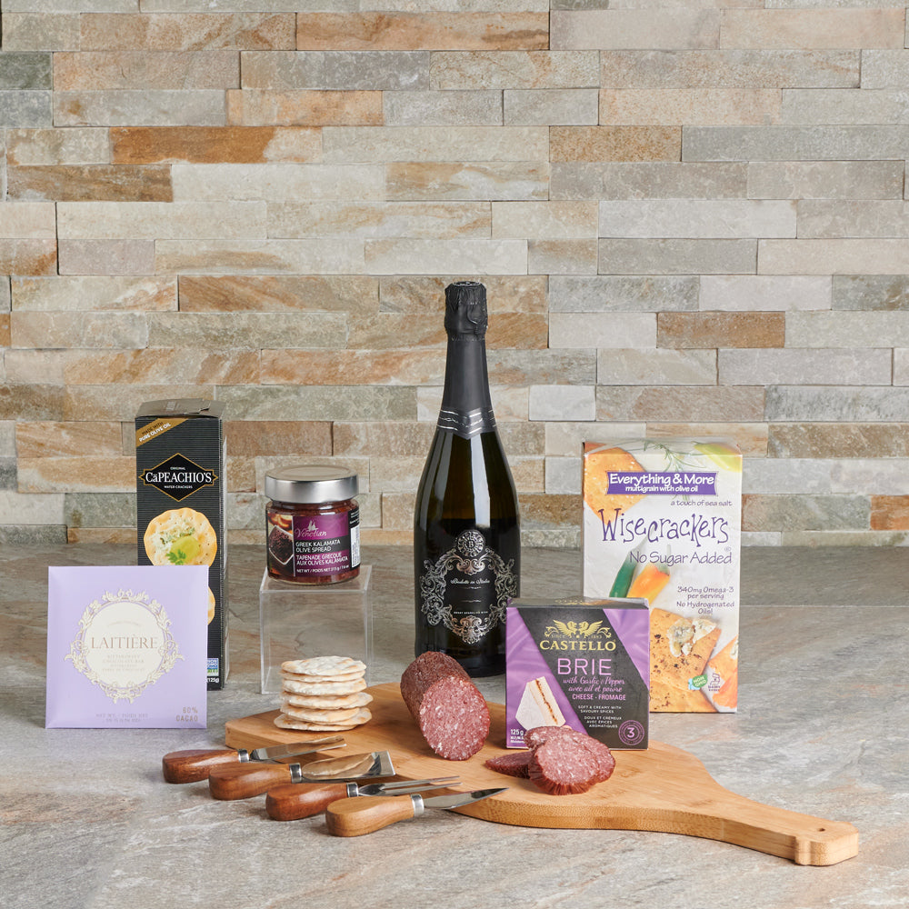 Cheese & Savory Treats Champagne Gift Basket, Champagne Gift Baskets, Gourmet Gift Baskets