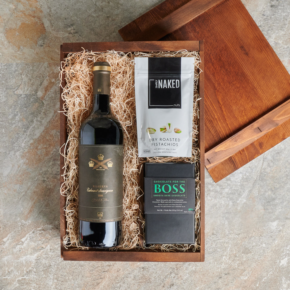 The Perfect Balance Wine Gift Set, wine gift baskets, gift baskets, baskets, crate, chocolate, nuts, pistachio