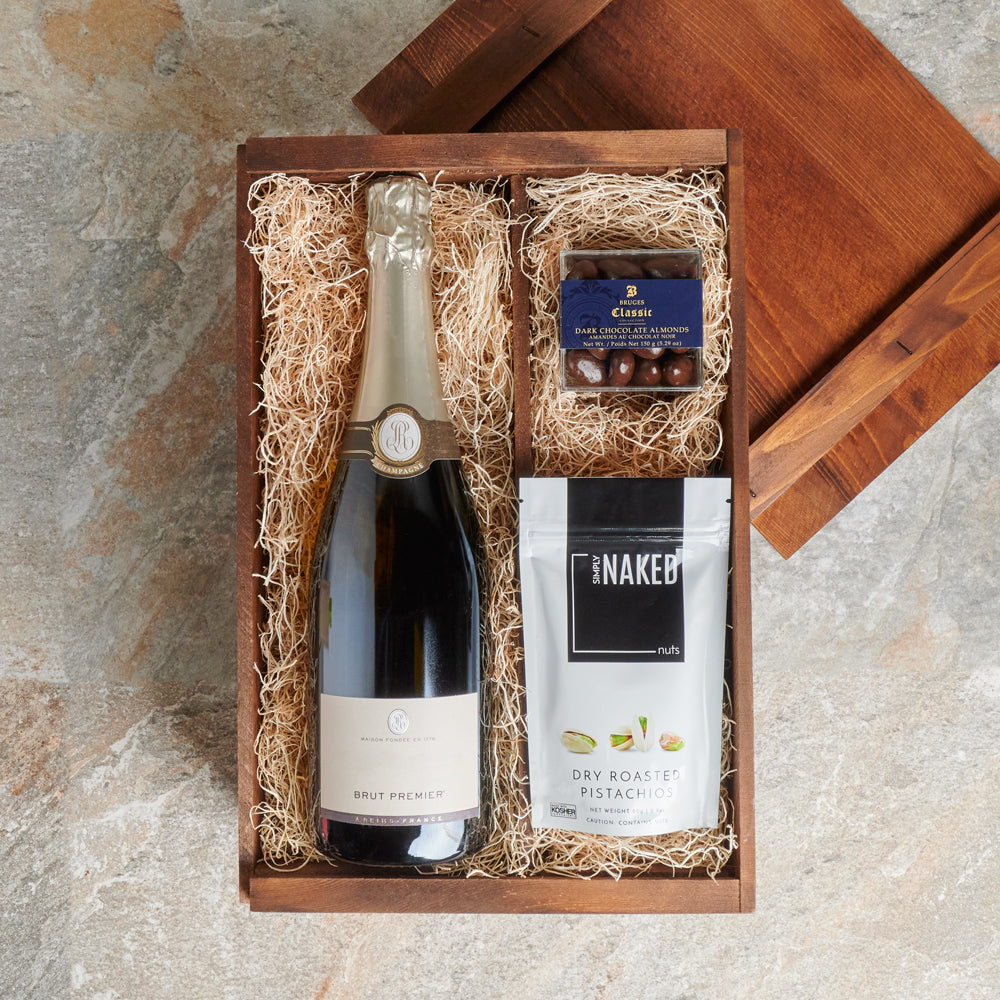 Champagne &amp; Snack Celebration Box, Gourmet Gift Baskets, Gourmet Gift Crate, Champagne Gift Crate