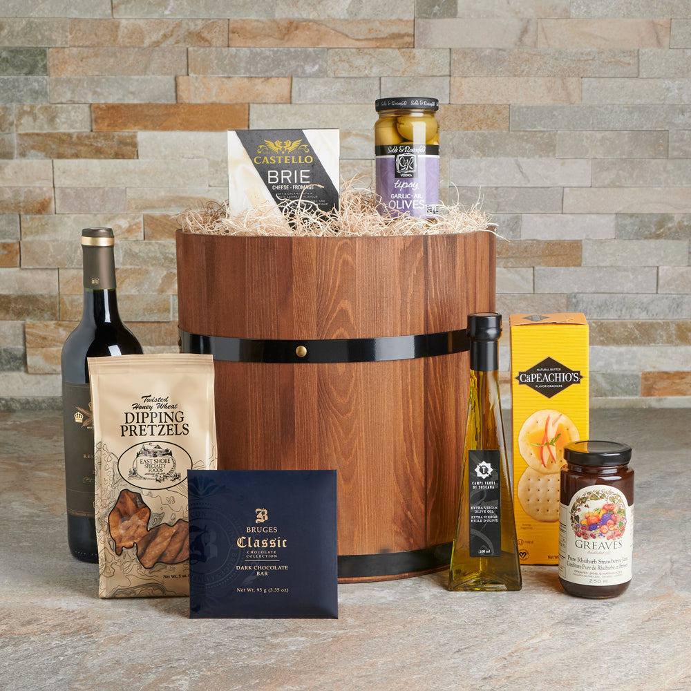Delicious Gourmet Wine &amp; Snack Barrel, Wine Gift Baskets, Gourmet Gift Baskets, Chocolate Gift Baskets, Canada Delivery