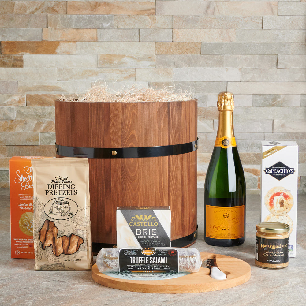 Delicious Gourmet Champagne &amp; Snack Barrel, Champagne Gift Baskets, Cheese Gift Baskets, Gourmet Gift Baskets