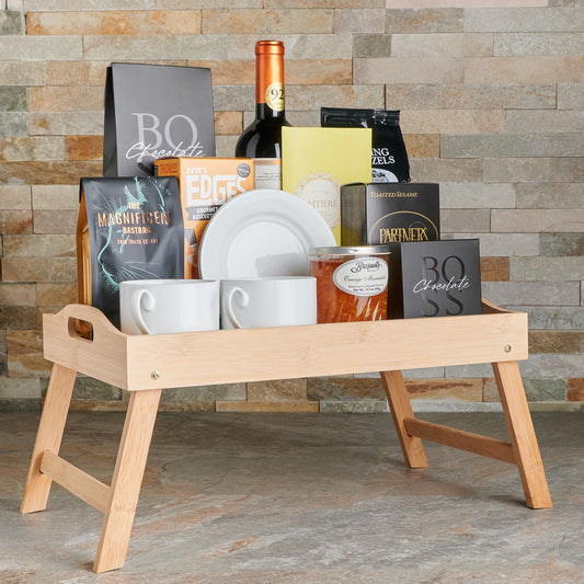 Coffee and Treats Gift Basket – Wine gift baskets – Canada delivery, wine gift baskets, gift baskets, baskets, gourmet gift baskets, gourmet, wine, chocolate, preserveses, espresso, coffee, beans, orange marmalade, marmalade, crackers, sesame, chocolate, cacao, pretzels, pretzel, salted caramel cookies, salted caramel, caramel, cookies, tea cups, saucers, bamboo bed tray, bed tray, tray 