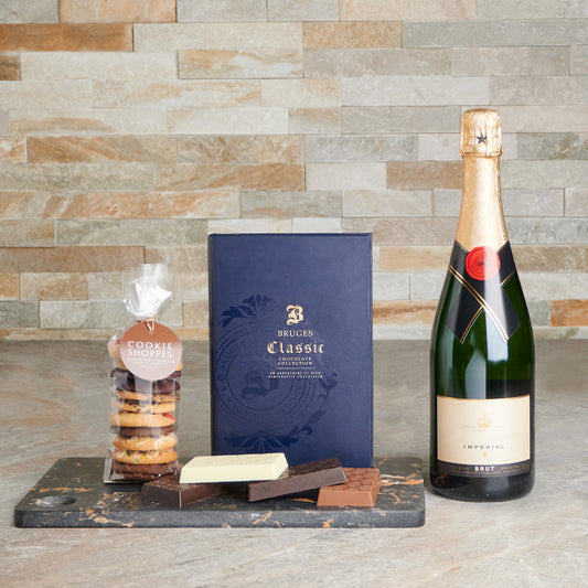 chocolate assortment, Chocolate, cookies, champagne gift set, Champagne, champagne gift basket delivery, delivery champagne gift basket, champagne gifts